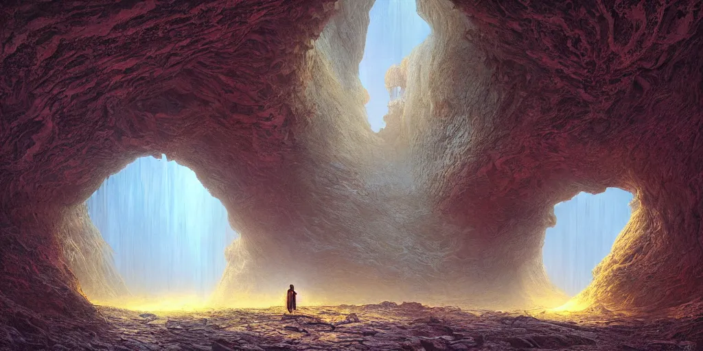 Image similar to lone wanderer in a highly detailed surreal cinematic cave entrance in a scifi landscape, psychedelic, amazing, by feng zhu, wayne barlowe, perfect geometry, hyper - detailed, sharp, beautiful, desaturated, beautiful lighting, oil on canvas, sunset