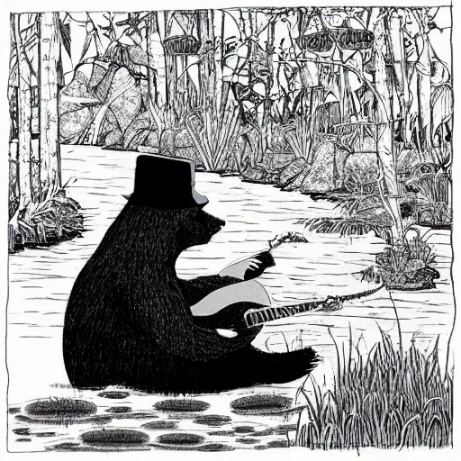 Prompt: a bear wearing a black hat, sitting in a pond in a lush jungle playing a guitar, drawing by moebius