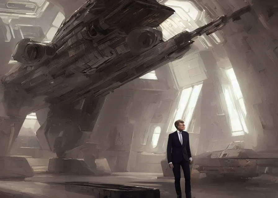 Image similar to painting of Emmanuel Macron dressed as in Star Wars,(((( inside the galactic senate)))), sharp focus, full body, trending on ArtStation, masterpiece, by Greg Rutkowski, by Ross Tran, by Fenghua Zhong, octane, clear eyes, soft render, clear facial features, oil on canvas, moody lighting, cinematic, professional environment concept art