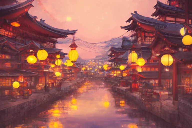 Prompt: fantasy art of a japan town at night, with paper lanterns in the shape of goldfish, by makoto shinkai, highly detailed digital art, trending on artstation