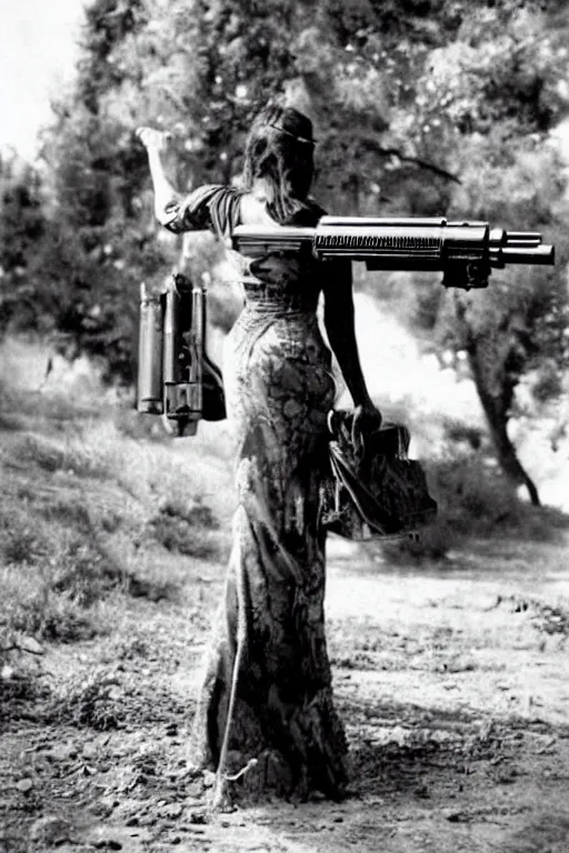 Image similar to a beautiful woman carrying a giant oversized gun, real photo