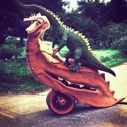 Prompt: an old photograph of taddl ( tj _ beastboy ) riding a real dinosaur, exciting