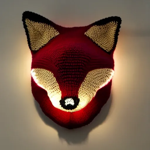 Image similar to a knitted red fox head dynamic lighting museum