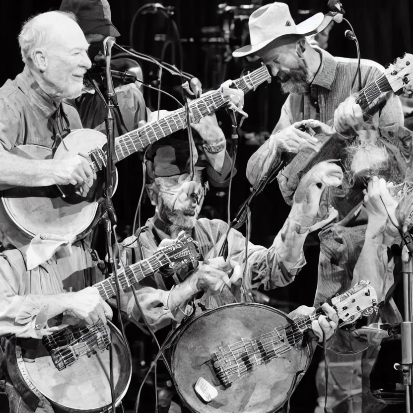 Prompt: close up photo of performance on stage of pete seeger singing with lil nas x playing a banjo, award winning