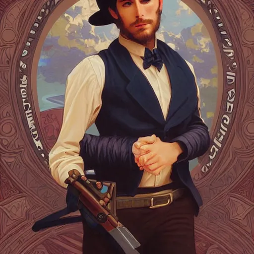 Image similar to a portrait painting of a fantasy gentleman gunslinger, art by tristan eaton and artgerm and william - adolphe bouguereau, vintage style