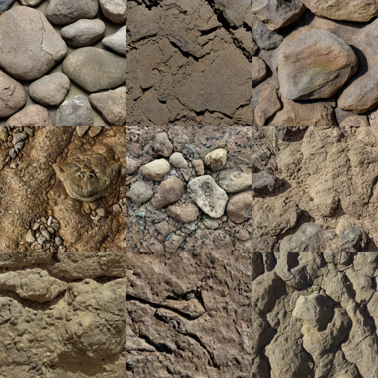 Prompt: Fossil of Yoda, brownish old fossil remnant, among other rock fossils and many small rocks, rugged surface