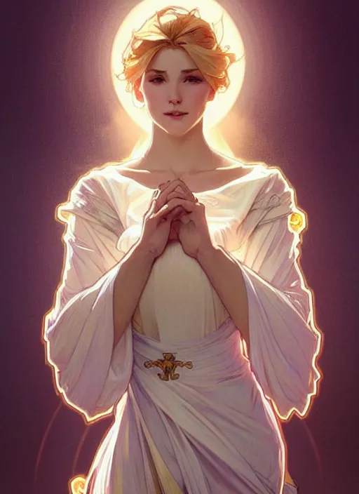 Image similar to a digital concept art by artgerm and greg rutkowski and alphonse mucha. clear portrait of a young wife blessed by god to uncontrollably become overwhelmingly perfect!! blonde, clothes, sit on heels!! light effect. hyper detailed, character concept, glowing lights!! intricate, elegant, digital painting, artstation, smooth, sharp focus