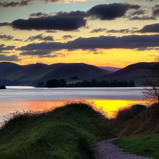 Prompt: sunset at the Lake District