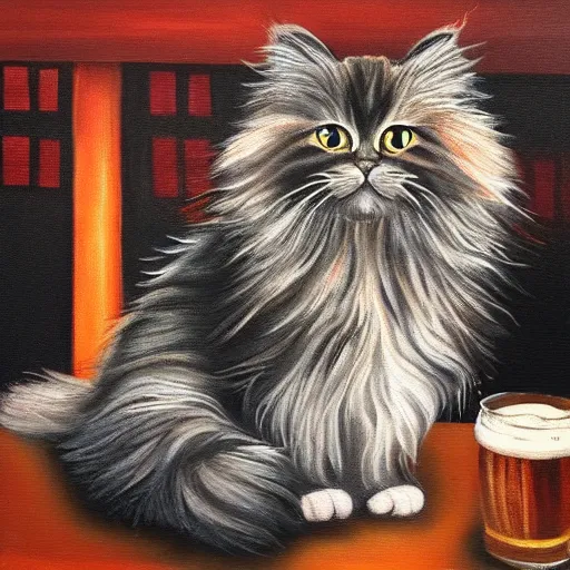 Prompt: of a british longhair cat sitting at the bar next to a beer, cinematic. intricately detailed acrylic painting