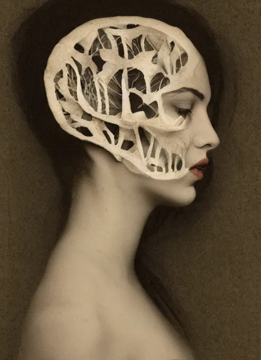 Image similar to a womans face in profile made of leaf skeleton in the style of the Dutch masters and Gregory Crewdson dark and moody