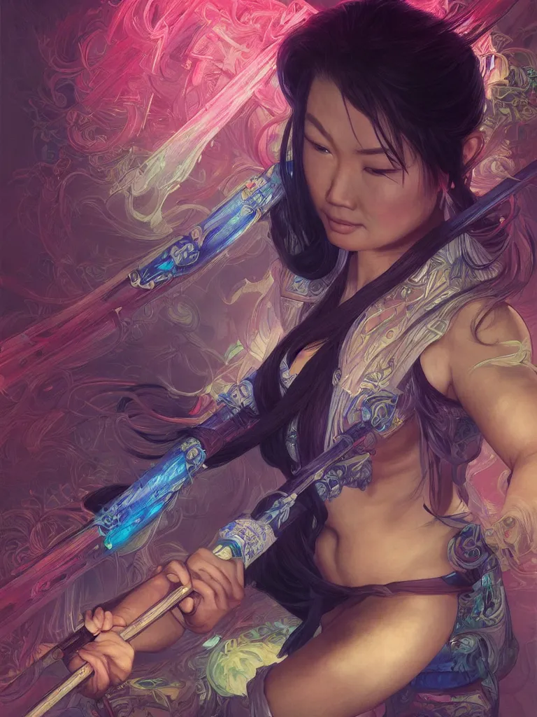 Image similar to character portrait Painting of an Asian woman wielding a katana, upper body, neon lighting, glow ambient lighting, intricate, wild, highly detailed, digital painting, artstation, concept art, smooth, sharp focus, illustration, art by artgerm and greg rutkowski and alphonse mucha