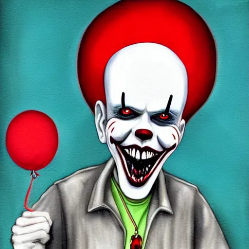 Prompt: grunge cartoon painting of slim shady with a wide smile and a red balloon by chris leib, loony toons style, pennywise style, horror theme, detailed, elegant, intricate