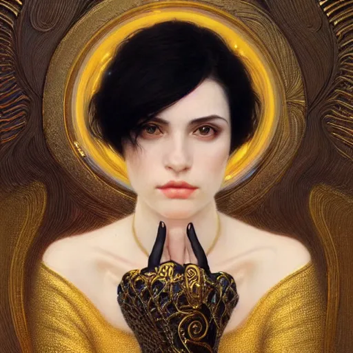 Prompt: Portrait of a beautiful pale skin Eastern European female with short black hair, dark eyes, elegant clothing, photorealistic, highly detailed, artstation, smooth, sharp focus, gold ornaments, neon lighting, sci-fi, art by Klimt, artgerm, Greg Rutkowski and Alphonse Mucha