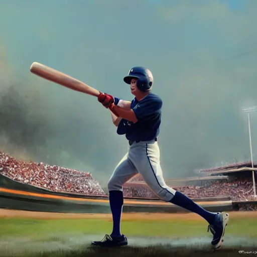 Image similar to baseball player hitting the ball with the baseball bat in the middle of the game and in front of everyone in the stadium, james gurney painting style, greg rutkowski, artstation, octane render, unreal engine 5