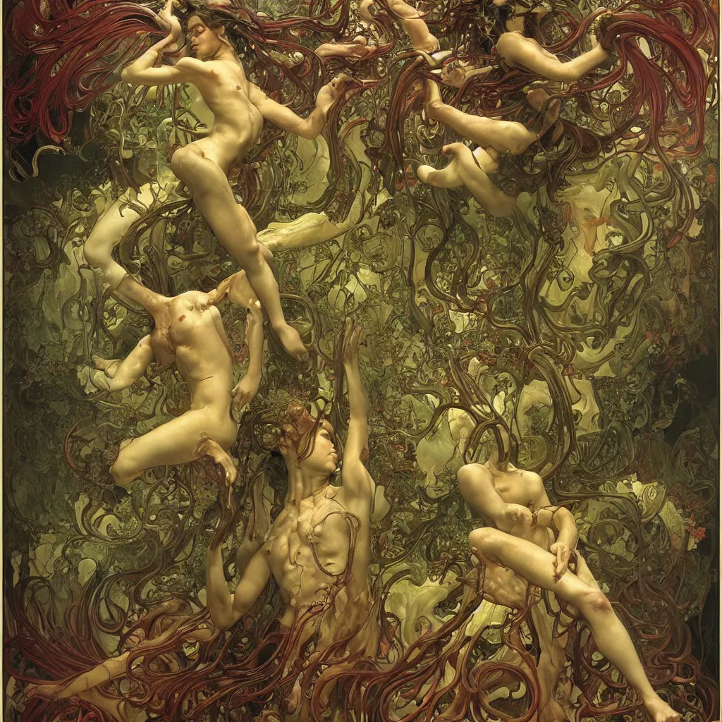 Image similar to epic photorealistic photograph of a grotesque veiny glossy wet gory nightmare fungus demon god. uhd, amazing depth, cinematic lighting, levitating floating fungus god with arms outstretched. by thomas blackshear and alphonse mucha.