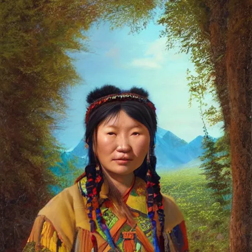 Image similar to portrait of a young yakuts woman ( 3 5 ) from yakutia, sakha republic, russia in 2 0 2 1, an oil painting by ross tran and thomas kincade