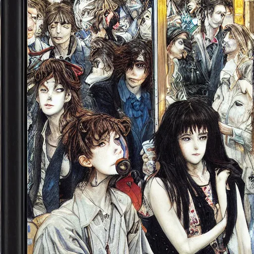 Prompt: people waiting in bus stop, by ayami kojima