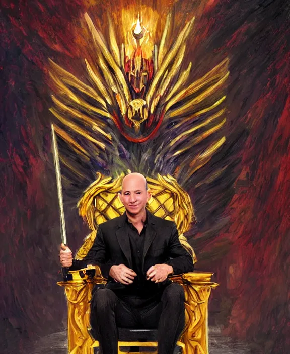 Image similar to a vivid fantasy portrait of jeff bezos sitting on a dark throne