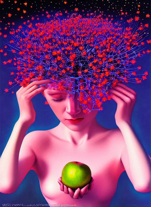 Image similar to hyper detailed 3d render like a Oil painting - Aurora (Singer) Eats of the Strangling aerochrome Fruit and Her delicate Hands hold of gossamer polyp blossoms bring iridescent fungal flowers whose spores black the foolish stars by Jacek Yerka, Mariusz Lewandowski, Houdini algorithmic generative render, Abstract brush strokes, Masterpiece, Edward Hopper and James Gilleard, Zdzislaw Beksinski, Mark Ryden, Wolfgang Lettl, hints of Yayoi Kasuma, octane render, 8k