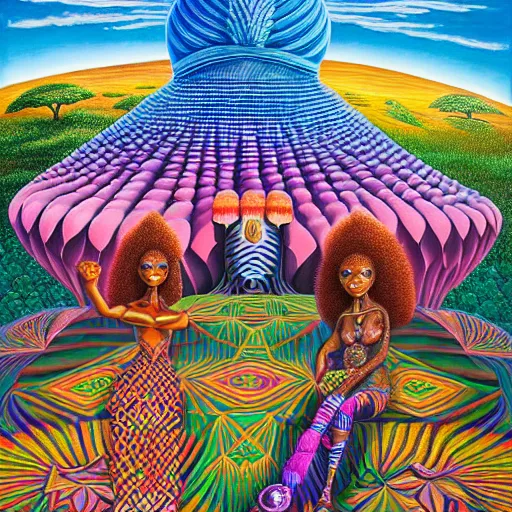 Prompt: a regal and fearsome african queen with a colorful afro sitting in a cabana near a large steampunk pyramid near a pink river with a large glowing baobab tree, by amanda sage and alex grey and evgeni gordiets in a surreal psychedelic style, oil on canvas 8k, hd