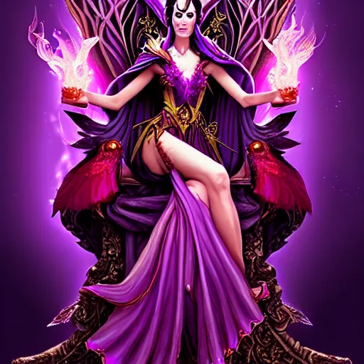 Image similar to Half Fey Princess sorceress with red flaming wings on her back and sitting on an ornate throne dressed in a fancy purple dress, Fantasy, Full Portrait, Planeswalker, Magic The Gathering, High detail, realistic, Liliana Vess