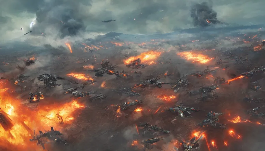 Prompt: Cinematic view of a huge battle with troops on the battlefield firing at giant robots, helicopters in the sky, fire and ashes, smoke columns, destruction, apocalypse, wide view, hyperdetailed, artstation, cgsociety, 8k