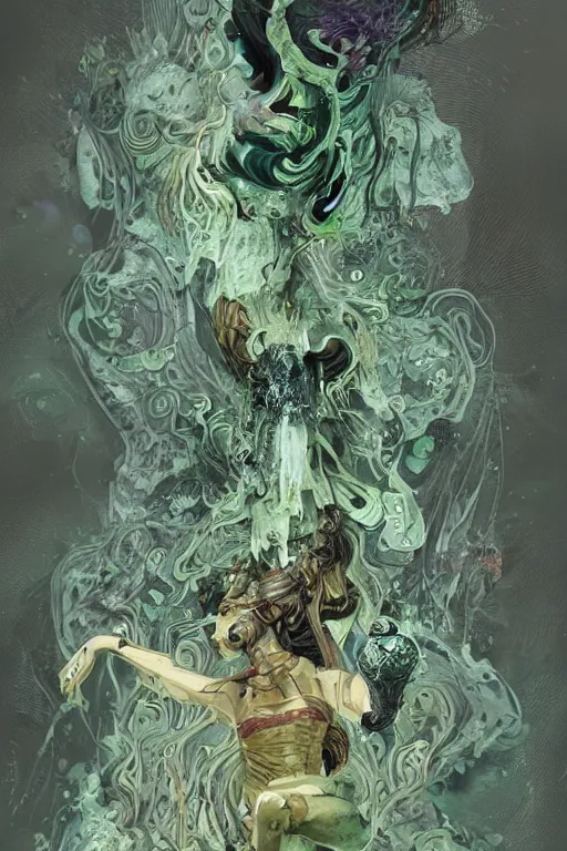 Image similar to epic 3 d oxossi, ifa deity, liquid hands and feet spinning, 2 0 mm, with brown and green water melting smoothly into herbs and wooden contraptions, fierce, animalistic, intricate, houdini sidefx, trending on artstation, by jeremy mann and ilya kuvshinov, jamie hewlett and ayami kojima, 3 d bold