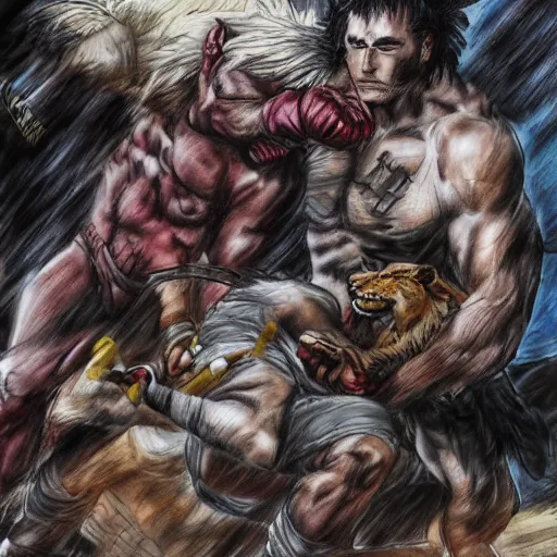 Image similar to one hero wrestling with one lion in the middle of an arena, crowd of people, pencil art, added detail, high definiton, colored, aerial viewyoji shinkawa