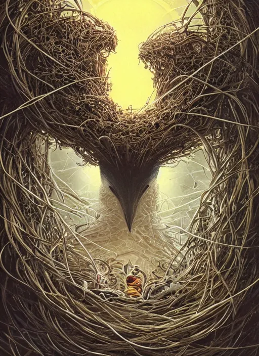 Image similar to nest on human head, nest like a wreath, cruelty, black crows, light effect, hyper detailed, intricate, elegant, highly detailed, digital painting, artstation, concept art, matte, sharp focus, illustration, by dan mumford, yusuke murata, makoto shinkai, ross tran