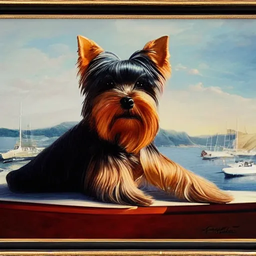 Prompt: ultra realistic portrait painting of a yorkshire terrier on a yacht, art by frank frazetta, 4 k, ultra realistic, highly detailed, epic lighting