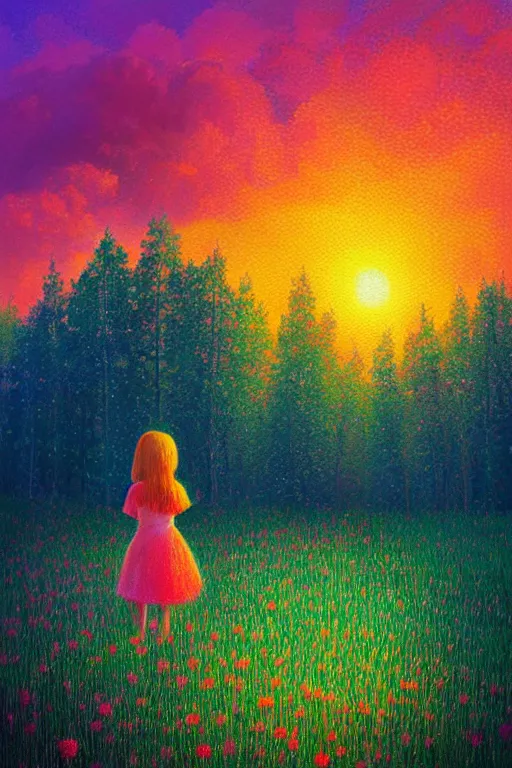 Image similar to flower growing out of girl head, standing in a flower field, big trees, sunrise dramatic light, impressionist painting, colorful clouds, digital painting, pointillism, artstation, simon stalenhag