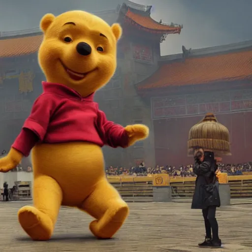 Image similar to screaming winnie the pooh having a tantrum in front of 5 9 式 at tiananman square, dystopian, highly detailed, photorealistic, octane render, 8 k, unreal engine. art by artgerm and greg rutkowski and alphonse mucha