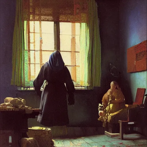 Image similar to fractured home illustrated by johannes vermeer, greg rutkowski, gaston bussiere, van gogh, davinci, and zdzisław beksinski, award - winning, cgsociety contest winner