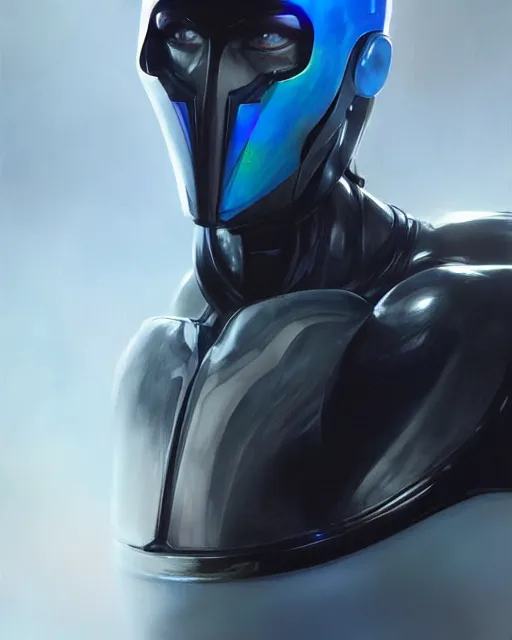 Image similar to character portrait of iridescent sinewy smooth muscular male sleek glossy bluish black pearlescent scifi armor with smooth black featureless helmet, by greg rutkowski, mark brookes, jim burns, tom bagshaw, magali villeneuve, eve ventrue, trending on artstation