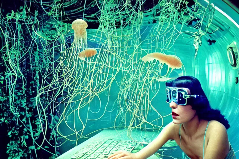 Prompt: closeup view of a mature female jellyfish human hybrid wearing discowear and visor shades, inside of an unlit 1950s luxury treehouse overflowing with vegetation with a soviet computer console and a single transparent wall that displays a scene of an NewYork subway station that is underwater, ektachrome photograph, volumetric lighting, 35mm f8 aperture