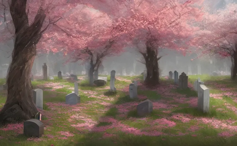 Image similar to A painting of the Grave of cherry blossoms trending on artstation in the style of Greg Rutkowski