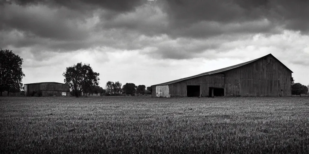 Prompt: street photography, an old barn in a field in the style of Roger deakins .