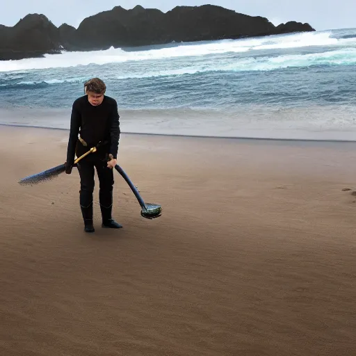 Prompt: Anakin Skywalker sweeping sand off the beach, high quality, professional photo