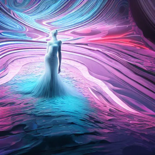 Prompt: Art by Andrew Chiampo and Frederik Heyman, a highly detailed digital art rendering and concept design of a breathtaking young ethereal woman elegantly positioned and entwined in fluid chromatic neon trails, Fantasy, hyperrealism, 4k, volumetric lighting, three dimensions, a digitally altered world, user interface design, 3D modeling, illustration, and transportation design