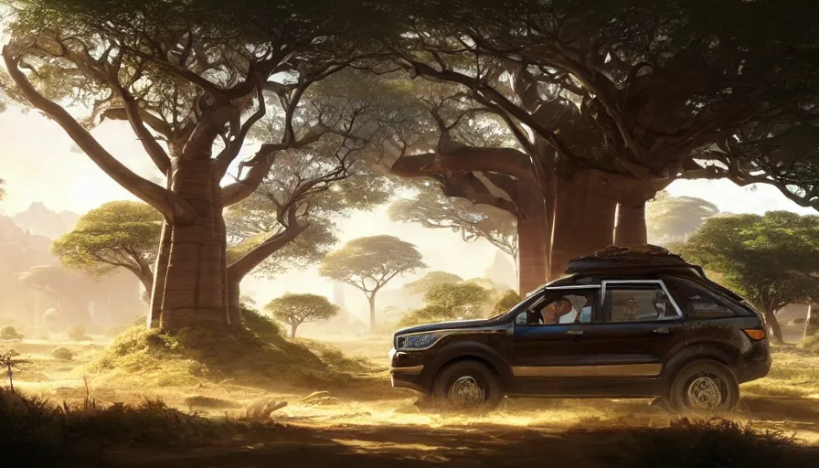 Prompt: an suv designed by ford driving through madagascar road with baobabs trees, animals running along, artgerm and greg rutkowski and alphonse mucha, an epic fantasy, volumetric light, detailed, establishing shot, an epic fantasy, trending on art station, octane render, midsommar