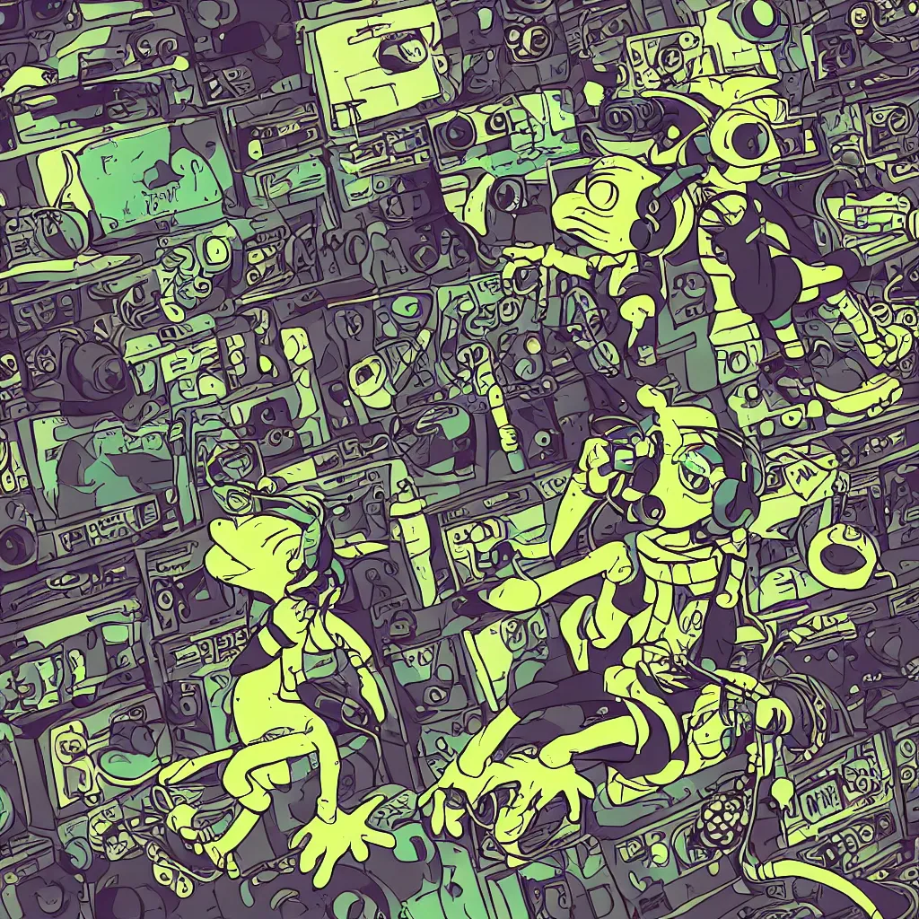 Image similar to a toad wearing headphones, ryuta ueda artwork, breakcore, style of jet set radio, y 2 k, gloom, space, cel - shaded art style, record store, data, minimal, code, cybernetic, dark, eerie, cyber