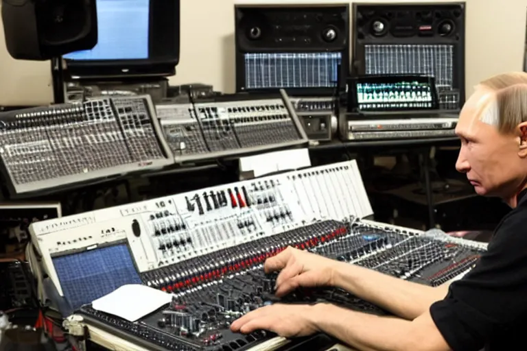 Image similar to Vladimir Putin programming a drum beat on a Roland Tr-909 in his moody music studio