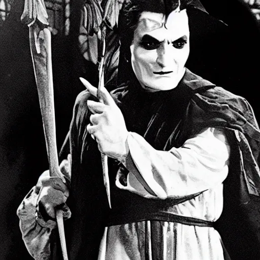 Image similar to charlie sheen as dracula in the 1 9 2 2 film, black and white