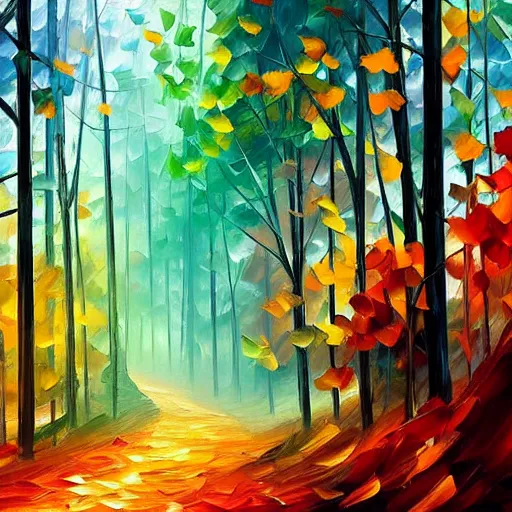 Prompt: beautiful leonid afremov and alena aenami impasto painting of a foggy forest path on a lovely autumn day. trending on artstation 8k hq