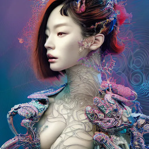 Image similar to the portrait of an absurdly beautiful, graceful, elegant, sophisticated, fashionable cyberpunk gravure idol, an ultrafine hyperdetailed illustration by kim jung gi, irakli nadar, takato yamamoto, intricate linework, bright colors, porcelain skin, unreal engine 5 highly rendered, fashion photography, fractal background, global illumination, radiant light, detailed and intricate environment