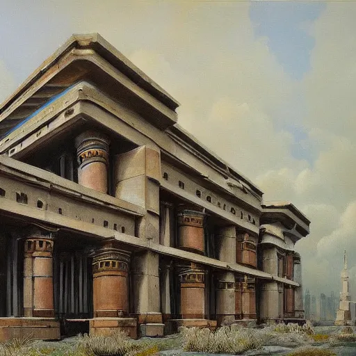 Prompt: painting of a scifi ancient civilzation victorian, brutalist architecture