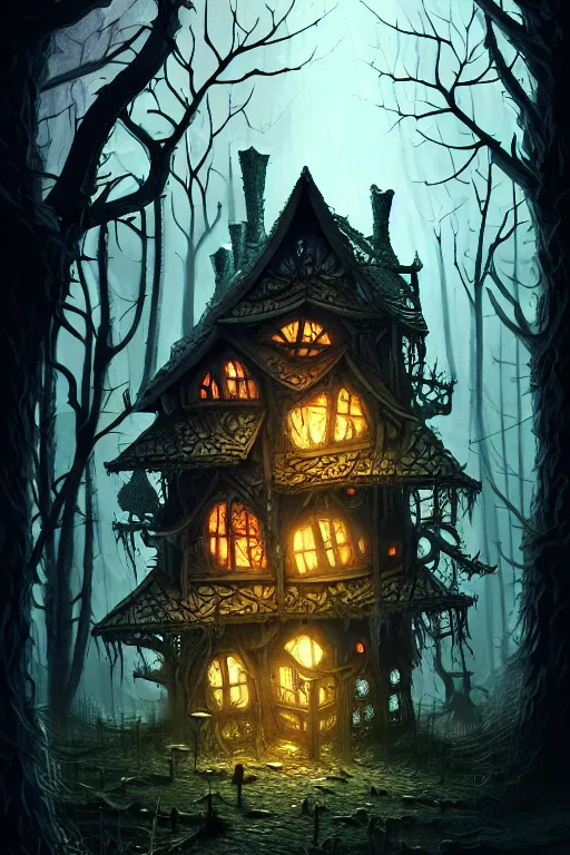 Image similar to a storybook illustration of a scary ramshackle multistory fairytale hut in the creepy forest, intricate, elegant, fantasy, highly detailed, digital painting, concept art, sharp focus, artstation, eerie, horror