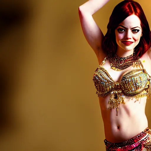 Image similar to a portrait of emma stone dressed as a belly dancer, arabian night, high quality, fully detailed, 4 k, in focus face with fine details, realistic hand details and anatomy