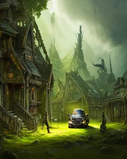 Image similar to xenomorph taxi car in a fantasy village, calming, uplifting mood, ultra realistic, farm, small buildings, highly detailed, atmosphere, masterpiece, epic lighting, elves, green plants, magic, illuminated, 4 k, cinematic, morning sun, art by eddie mendoza and sylvain sarrailh and jonathan berube