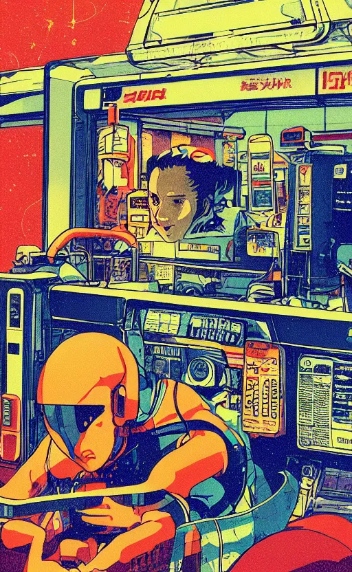 Prompt: spaceship in a gas station in space, sharp focus, satoshi kon, sci - fi, print, risograph, cinematic, game art